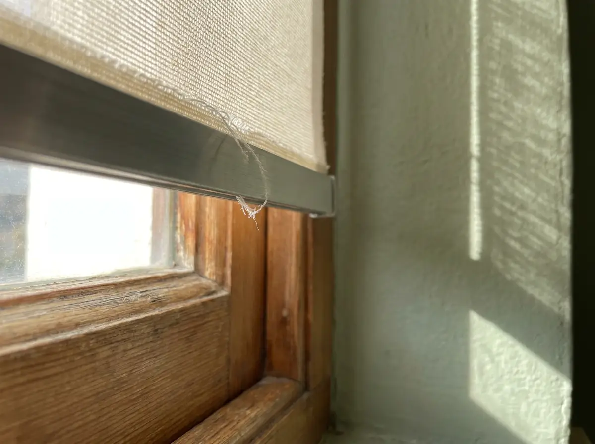 Close-up of a cream sunscreen roller blind's fabric edge and aluminium bottom rail against a timber window frame, soft afternoon light