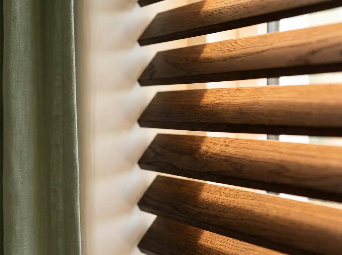 Close-up of warm walnut timber venetian slats beside a sage linen curtain, afternoon light through the window