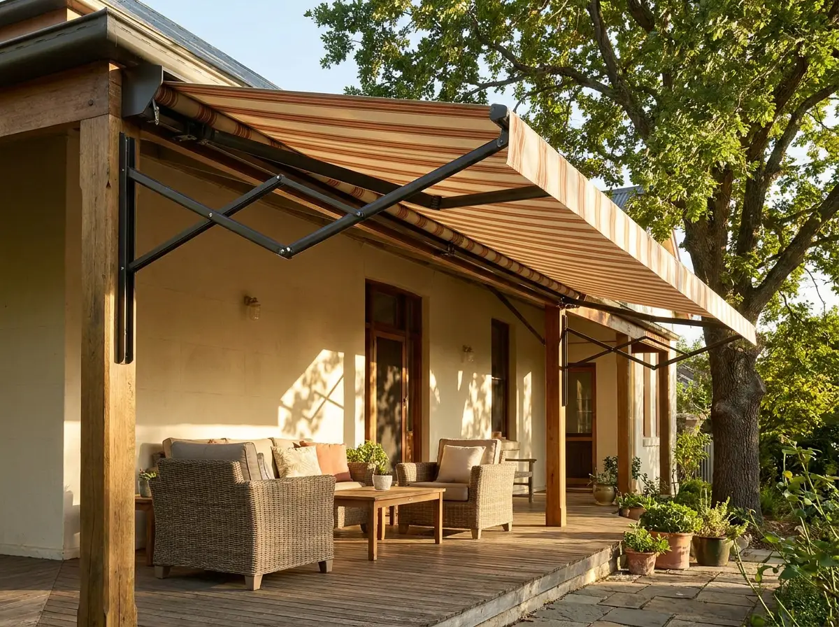 Folding-arm awning extended over a shaded veranda stoep at a Parkview heritage home, dappled light through an oak tree