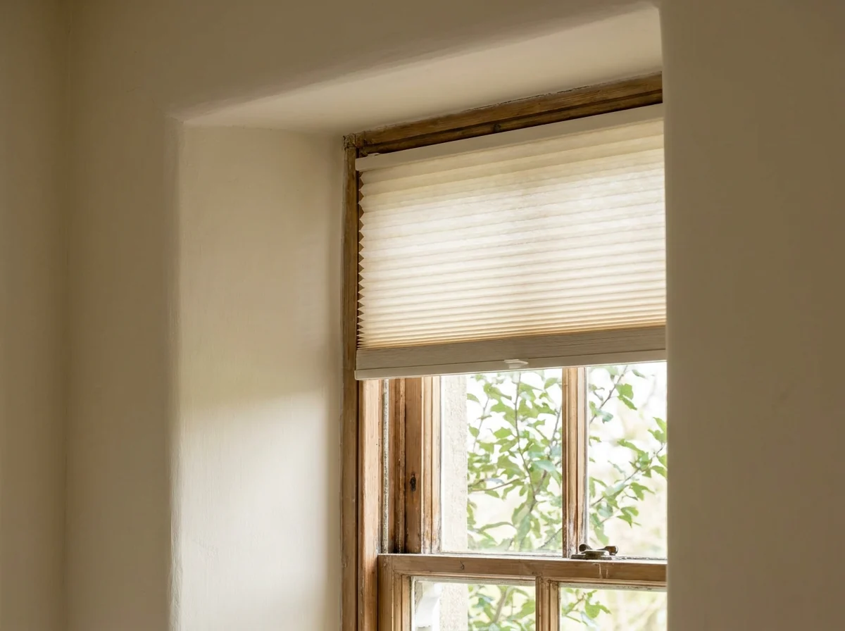 A cellular honeycomb blind fitted inside the deep reveal of an original timber sash window, its pleated air-cell structure visible at the edge, with leaves beyond the glass