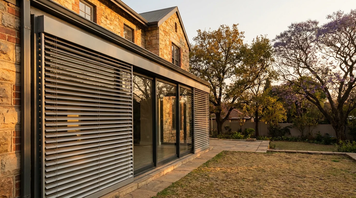External venetian blinds mounted outside the sliding glass doors of a rear extension on an old Johannesburg house, aluminium louvres angled against low afternoon sun