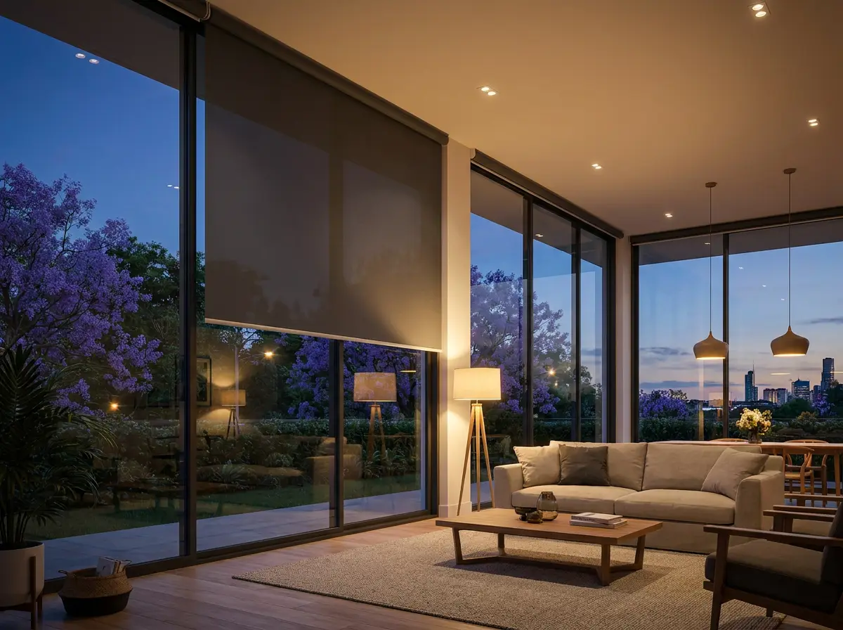 Motorised blockout blind lowering with no visible cords in an open-plan Parkview living room at dusk