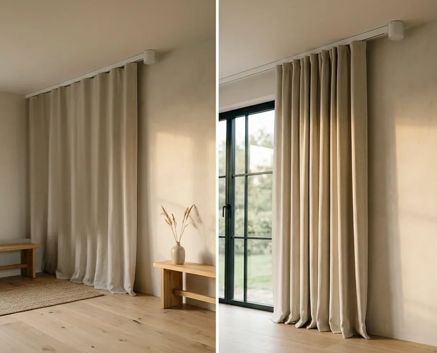 Heavy linen curtains on a slim motorised track partly drawn against afternoon glare in a heritage Parkview dining room
