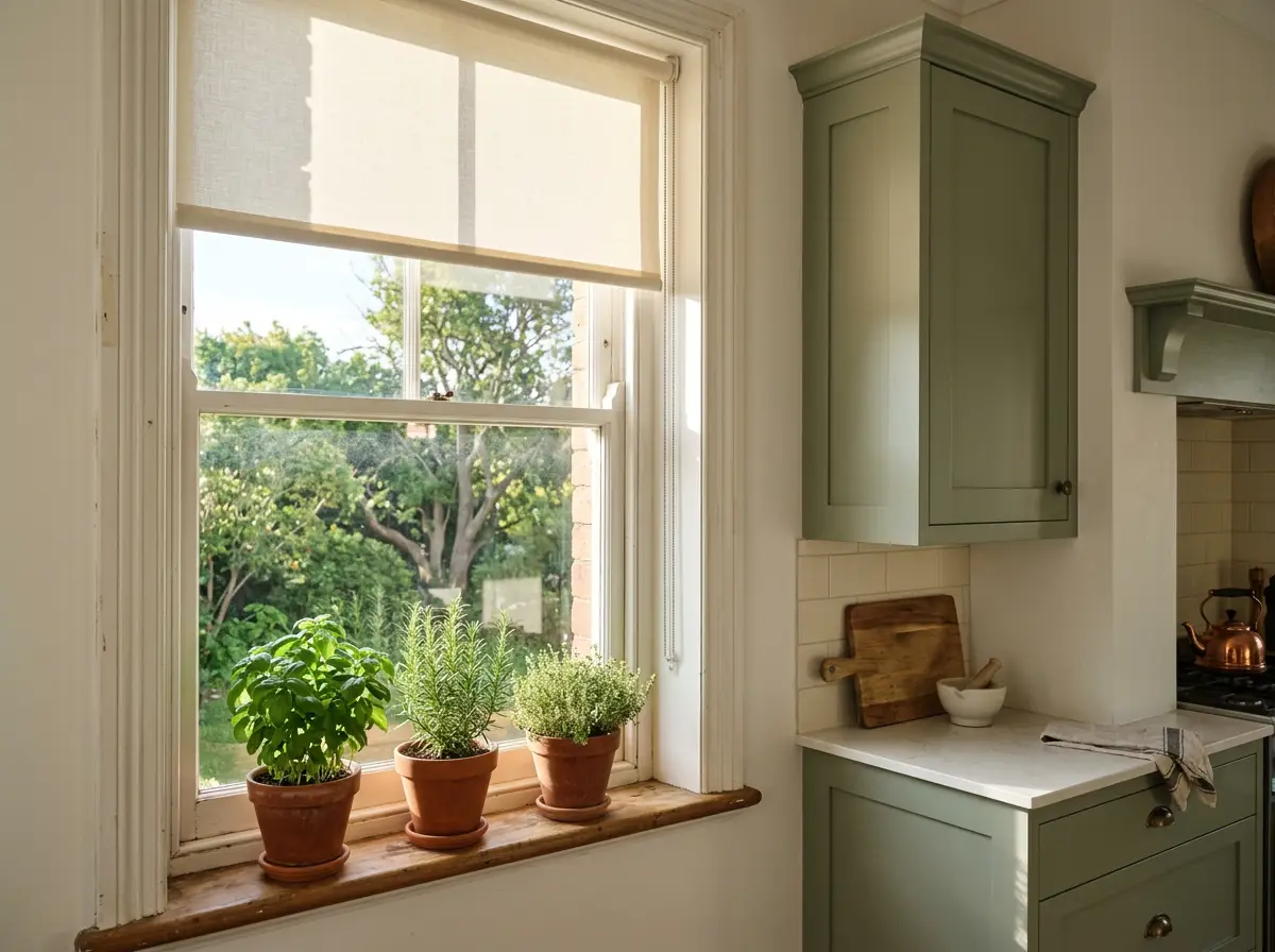 Cream blockout roller blind lowered a third of the way on a Parkview kitchen window, morning light beside potted herbs on the sill