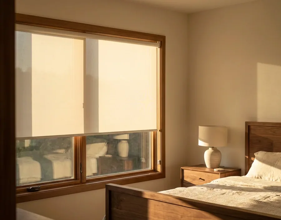 Cream sunscreen roller blind lowered halfway on a timber-framed bedroom window, one smooth flat sheet on its tube