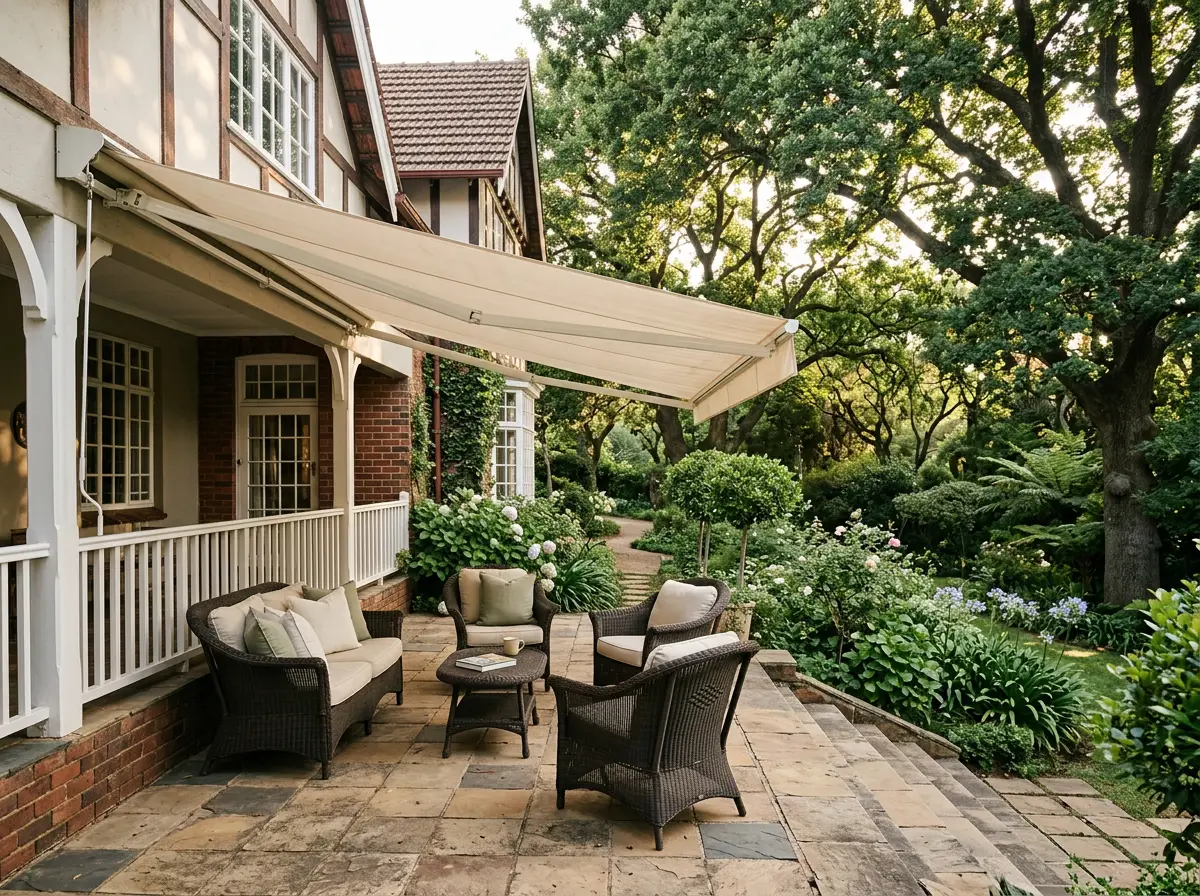 Outdoor patio awning scene at a Parkview heritage property, sage and cream tones with period architecture