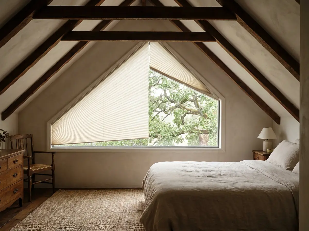 Shaped pleated blind fitted to an angled gable skylight in a renovated Parkview attic conversion