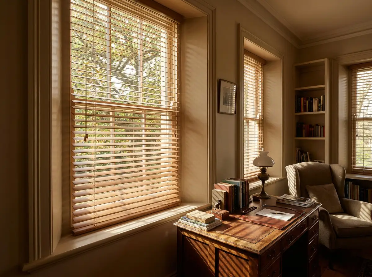 Timber venetian blinds tilted half open on a heritage sash window in a Parkview cottage study, oak branches beyond the glass