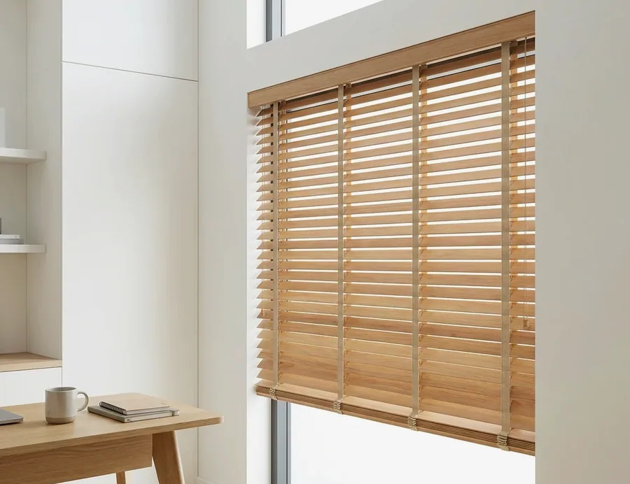 Oak timber venetian blinds with a matching wooden pelmet, slats tilted open to the light