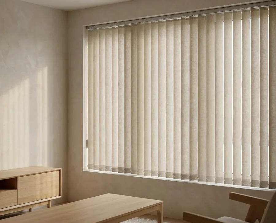 Cream fabric vertical blind vanes drawn across a wide window in a Parkview living room, slats angled to filter the light
